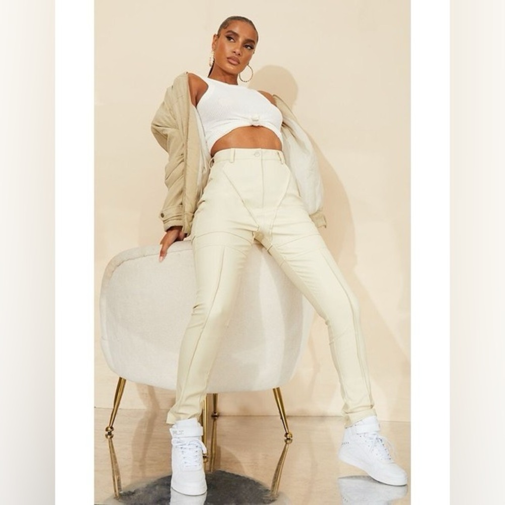 PRETTYLITTLETHING Cream Faux Leather Contrast Panels Skinny Trousers Size 2
